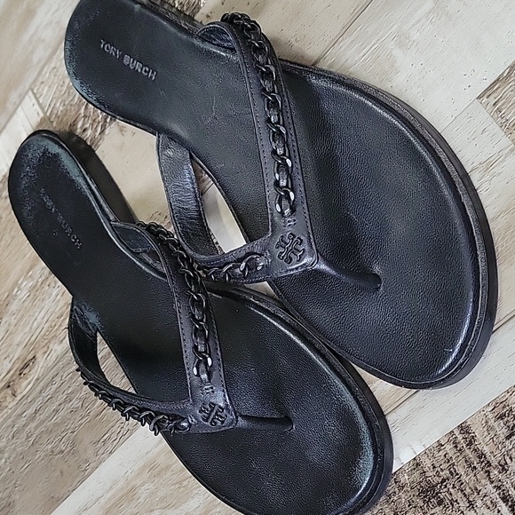 Tory Burch Everly Perfect Black Paris Nappa Chain Thong Sandal Size 8 - Picture 1 of 7
